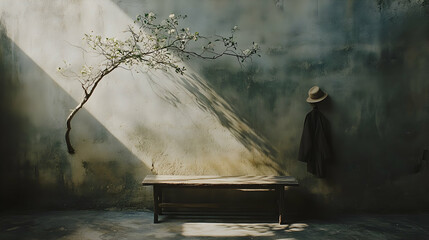 Serene minimalist scene rustic wooden bench, a branch with blossoms, a hat & coat against a textured wall, bathed in sunlight.