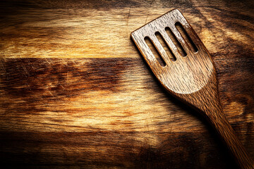 Rustic wooden spatula on a dark brown wooden cutting board, ideal for culinary or cooking blog backgrounds.