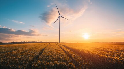 Obraz premium Wind Turbine in Golden Field at Sunset