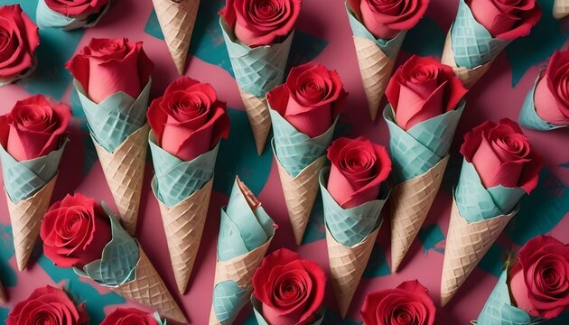 Un ramo de rosas rojas en un cono de gofre sobre un fondo rosa