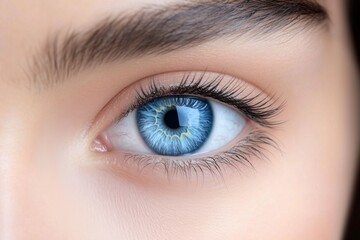 Obraz premium Detailed close-up of a womana??s bright ocean-blue eye, with subtle gradients and intricate textures in the iris, captured in