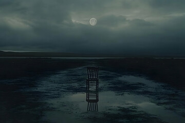 Lonely chair on a desolate shore under a full moon, evoking feelings of solitude and contemplation.