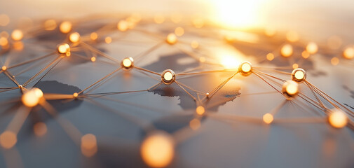 Dynamic glowing network lines connecting global points of interest, showcasing technology and connectivity