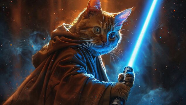 A ginger tabby cat, Jedi master in training, wields a lightsaber against a cosmic backdrop.  A digital art masterpiece.