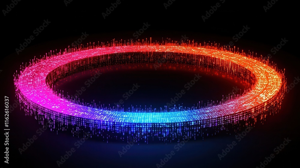 Poster colorful glow circle with dots and waves in dark background
