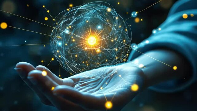 Futuristic hand holding glowing sphere of energy in abstract digital concept