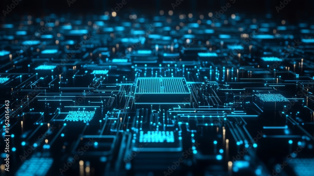 Poster a futuristic circuit board with glowing blue patterns, depicting advanced technology and interconnec