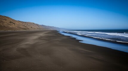 Serene Black Sand Beach Coastal Landscape with Ocean Waves
