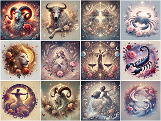 set of thumbs of all twelve zodiac signs in fantasy style, illustration of astrology concept 