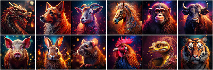 set of twelve thumbs of chinese zodiac, china astrology concept 