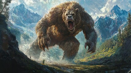 A Gigantic Grizzly Bear Roams Majestic Mountain Valley