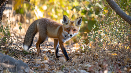 Naklejka premium Red fox explores woodland habitat during golden hour in autumn