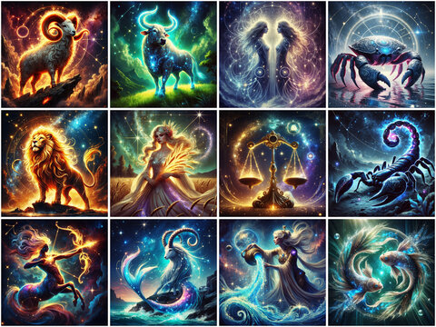 set of thumbs of all twelve zodiac signs in fantasy style, illustration of astrology concept 