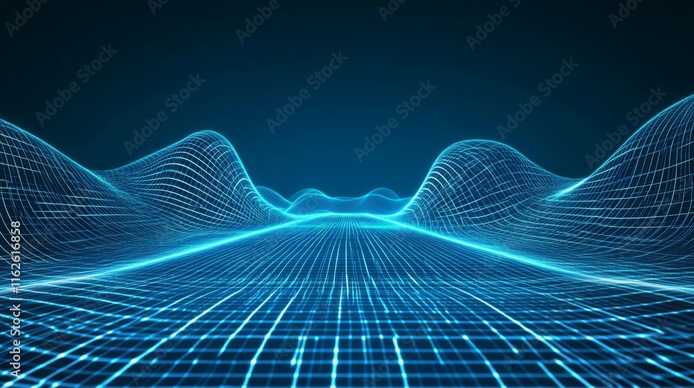 Aufkleber A digital landscape featuring a grid-like structure with wave patterns, illuminated by a blue glow, creating a futuristic and abstract visual effect.