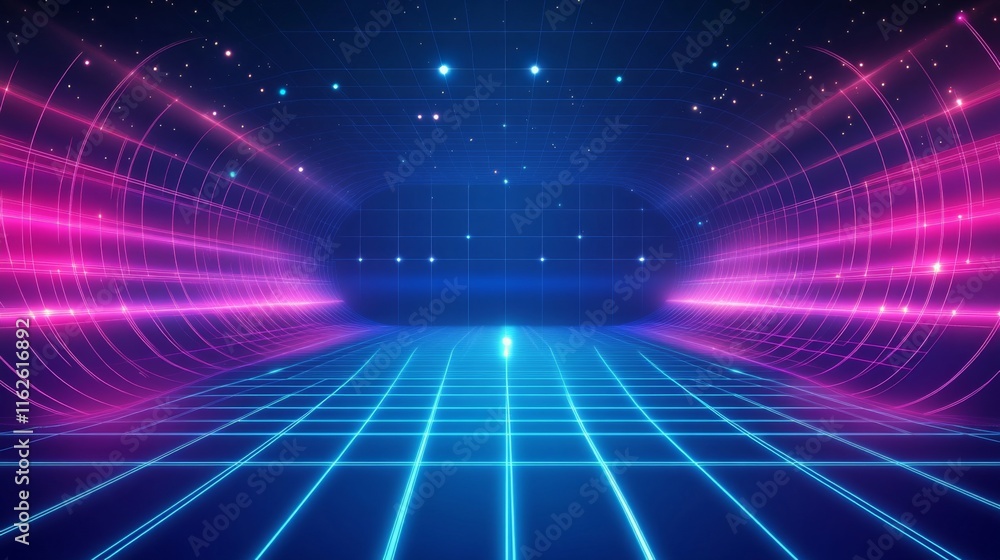 Leinwandbilder a vibrant, futuristic virtual space featuring glowing pink and blue lines, creating a dynamic grid e