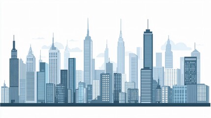 Fototapeta premium Modern City Skyline Illustration, Urban Landscape, Metropolis, Skyscrapers, Buildings, Downtown, Cityscape, Architectural Design, Blue Tones