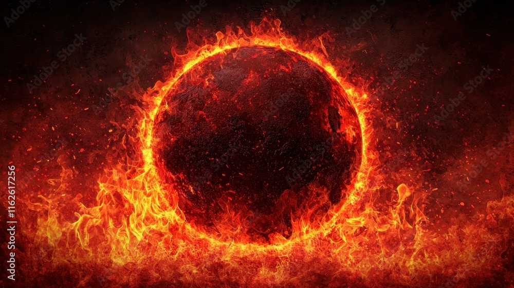 Poster fiery abstract background with a dark sphere surrounded by flames
