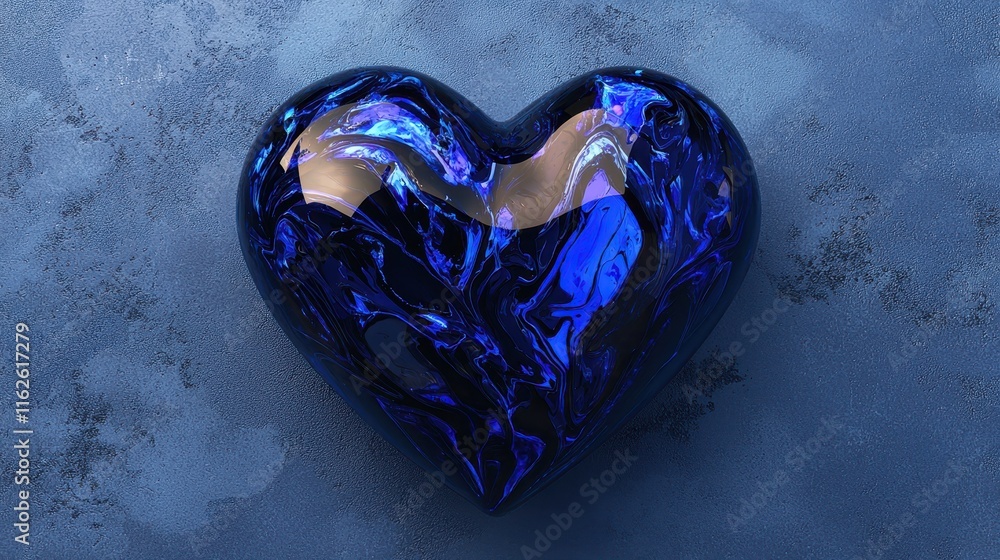 Poster shiny blue heart shape with swirling patterns on a textured surface