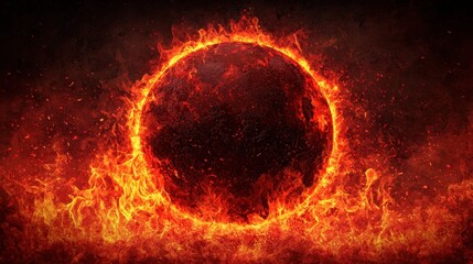 Fototapeta premium Fiery Abstract Background with a Dark Sphere Surrounded by Flames