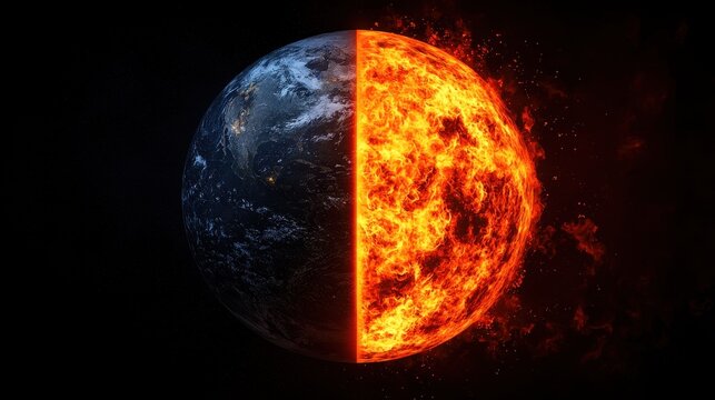 Earth and Sun Contrast with Fiery Half and Blue Planet Half