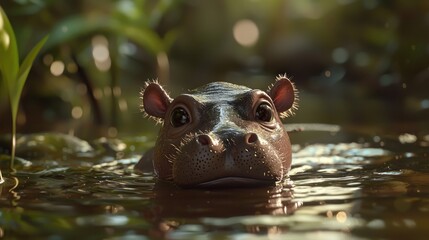 Fototapeta premium Young Hippopotamus Submerged In Tranquil Water