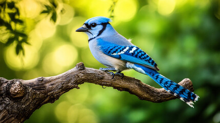 Blue jay perched on a branch in a vibrant natural setting during daylight hours