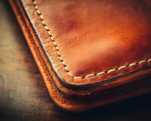 Close-up detail of handcrafted brown leather with visible stitching, showcasing texture and quality. Ideal for luxury goods, fashion, and craftsmanship.