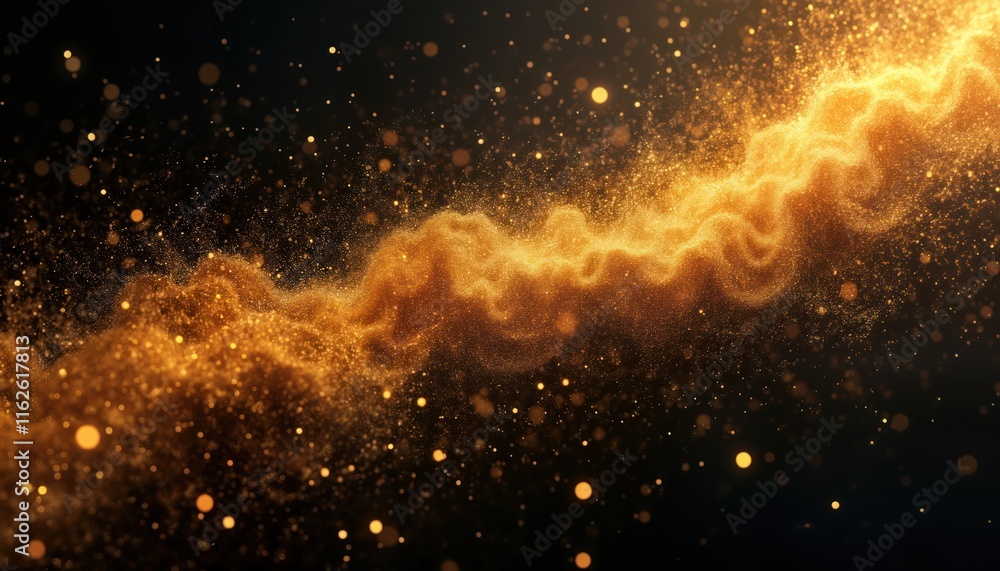 Aufkleber abstract illustration shows gold dust swirling against dark background. particles of light, gold cre