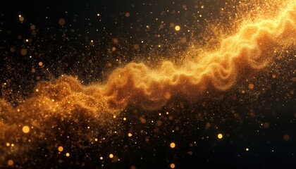 Fototapeta premium Abstract illustration shows gold dust swirling against dark background. Particles of light, gold create dynamic effect like golden cloud. Evokes energy, movement. Design represent mystical magical