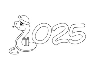 Snake symbol of 2025 new year, date and snake in Santa hat with gift - vector linear picture for coloring. Outline. Happy New Year 2025, Chinese New Year
