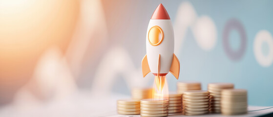 Rocket launching over coins symbolizes financial success and growth