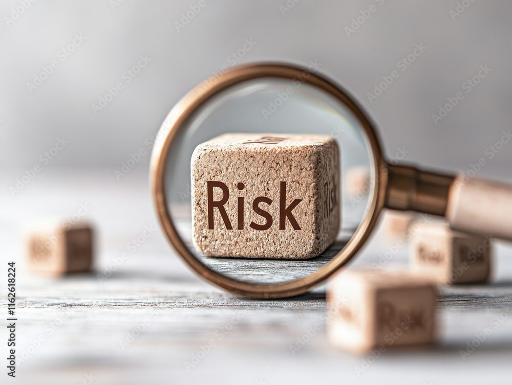 Poster focused magnifier glass over cube displaying word risk, symbolizing analysis and caution in decision