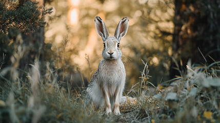 Fototapeta premium Wild rabbit sitting quietly in a meadow during early morning light