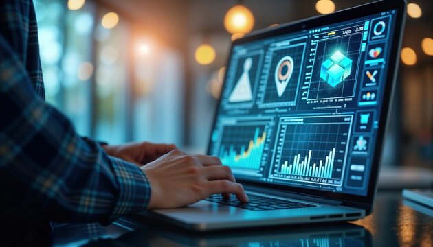 Person uses laptop computer for online shopping business. Person analyzes data, product information. Modern tech tools, data analytics for ecommerce. Business owner researches products, manages - Powered by Adobe