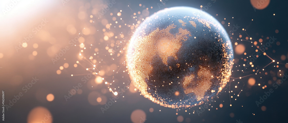 Poster futuristic representation of earth with glowing particles and light effects, creating mesmerizing vi