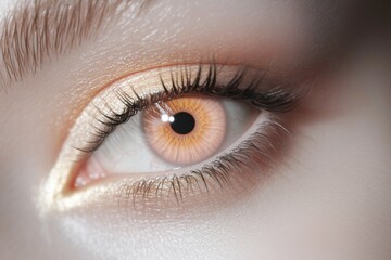 Fototapeta premium Detailed shot of a womana??s pale peach-pink eye, highlighting fine textures and subtle reflections in the iris, captured in