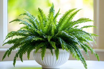 Lush green fern plant in a white pot, sits on a table by a bright window. Perfect for home decor, nature, and plant lover themes.