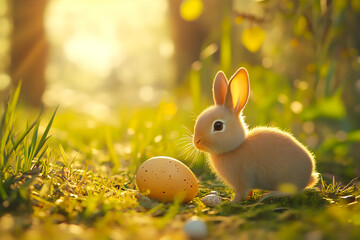 Easter bunny with easter eggs in the meadow with sunlight in the background