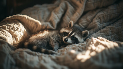 Obraz premium Small raccoon resting peacefully on a soft blanket in cozy indoor setting