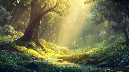 Fototapeta premium Sunlit Forest Stream With Lush Green Flora And Trees