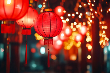 Chinese festive lantern along the street at night with bokeh 