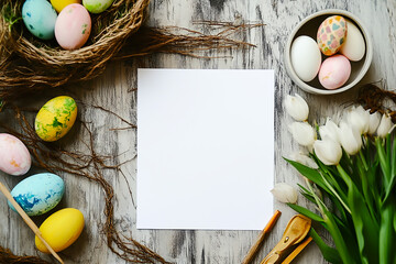 Top view of blank white A4 size paper wiht easter eggs in a basket