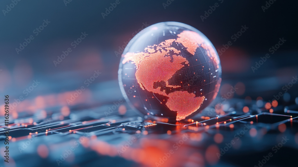 Poster glowing globe representing earth with dynamic network connections, showcasing technology and global 