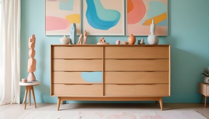 Una cómoda de madera moderna de mediados de siglo con arte abstracto y esculturas en la parte superior