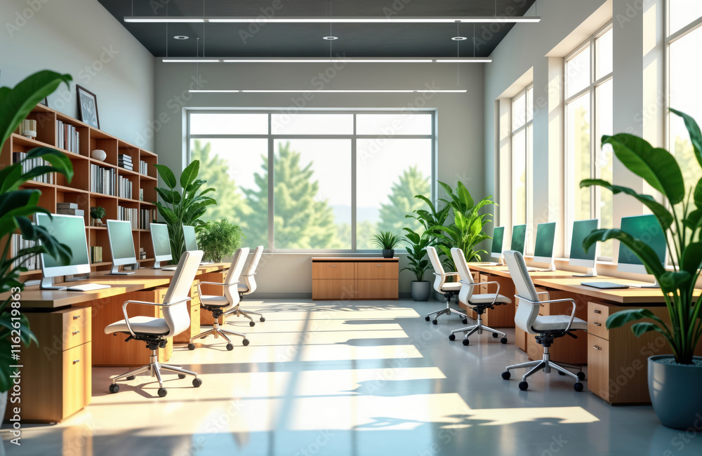 Poster bright modern office space with large windows. plenty of natural light fills room. green plants deco