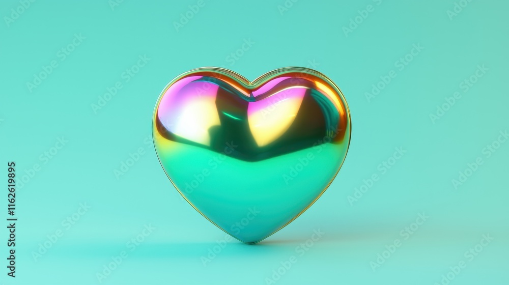 Poster iridescent heart shape on soft teal background for design projects