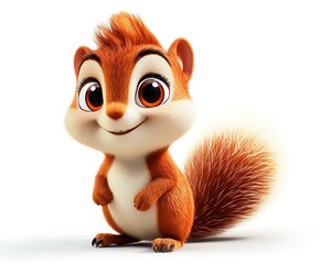 Fototapeta premium Adorable cartoon squirrel with big eyes and bushy tail, isolated on white.