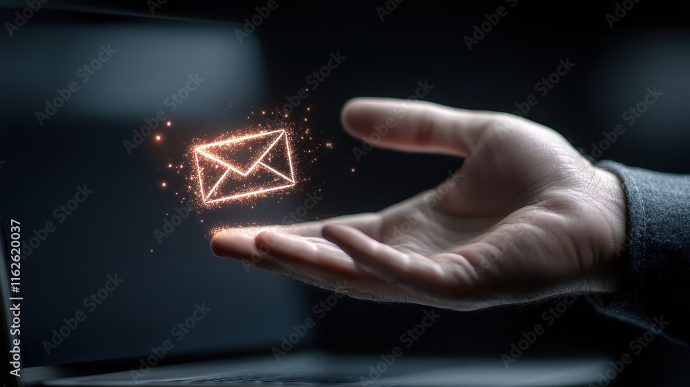 Poster glowing email icon appears above hand, symbolizing digital communication and connection