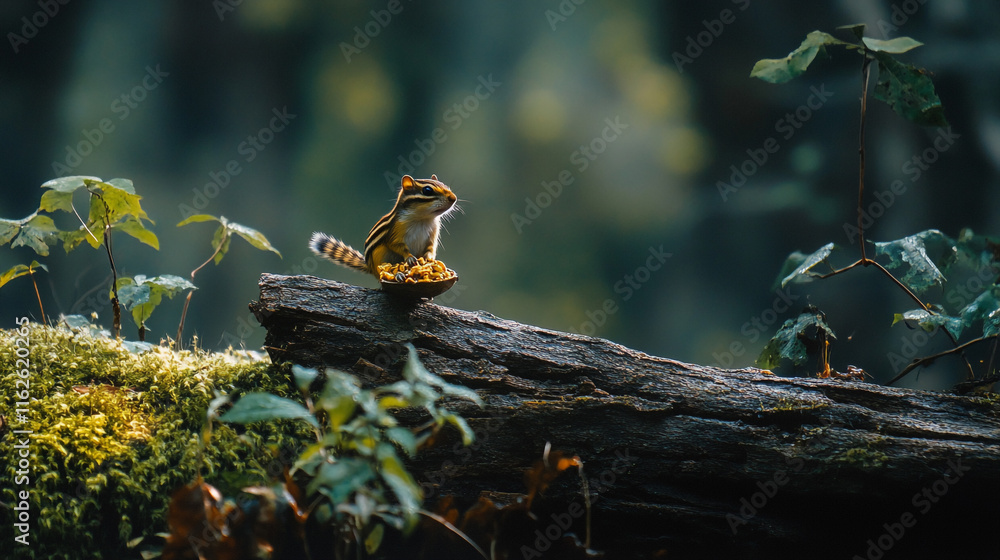 Poster chipmunk enjoys a meal on a log in a quiet forest setting during the afternoon