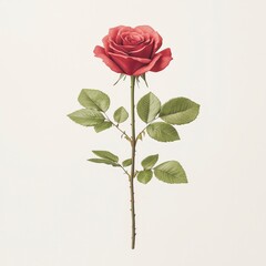 Fototapeta premium A beautifully detailed red rose with green leaves against a light background, perfect for floral designs and nature-themed projects.